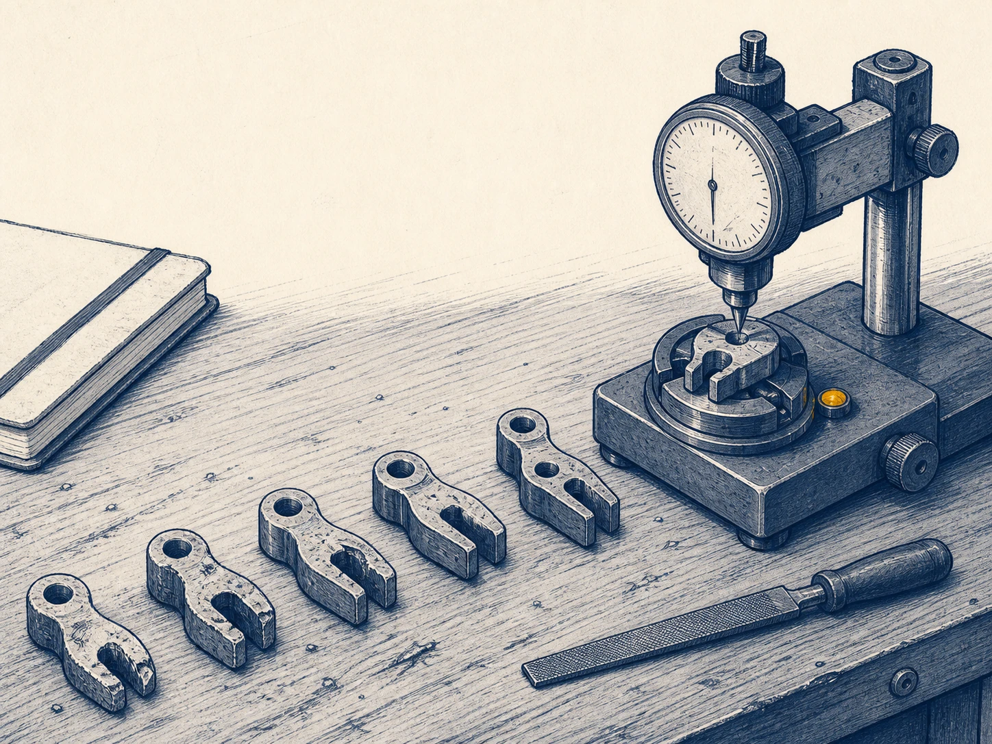 A sequence of imperfect machined parts leads towards one component fitting a precision gauge, illustrating how repeated attempts and feedback build judgment.