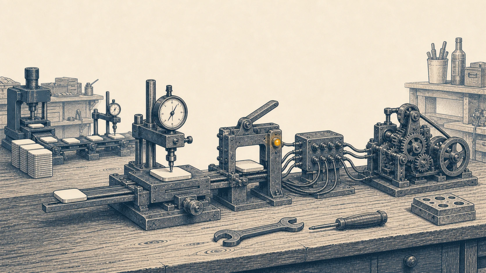 A small press produces repeated components while one selected piece passes through measurement, connection, and a working gear assembly