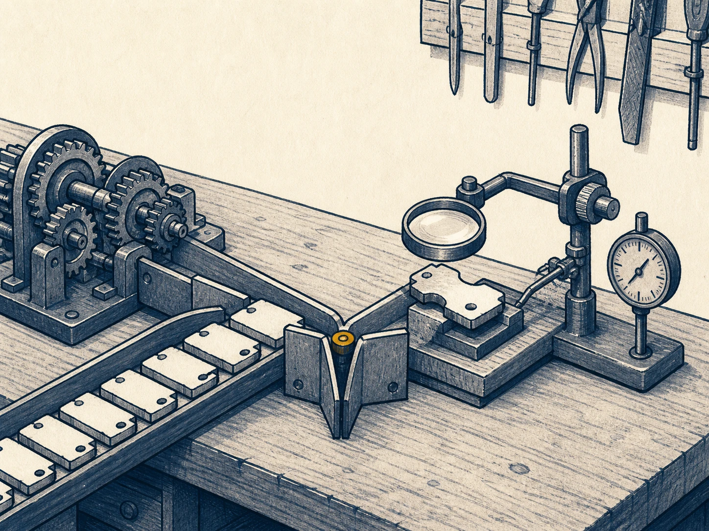 A mechanical sorting gate sends routine components towards gears while diverting one irregular piece to a magnifier and gauge, illustrating selective offloading.
