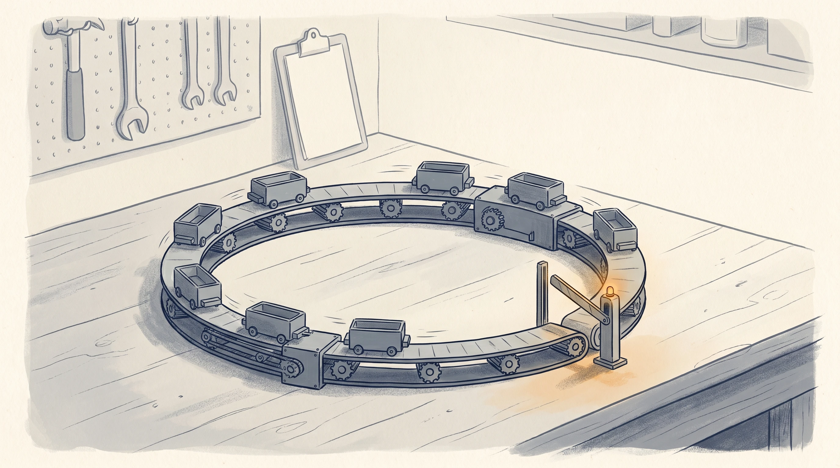 A circular production loop runs continuously until an amber gate stops one piece for an outside decision